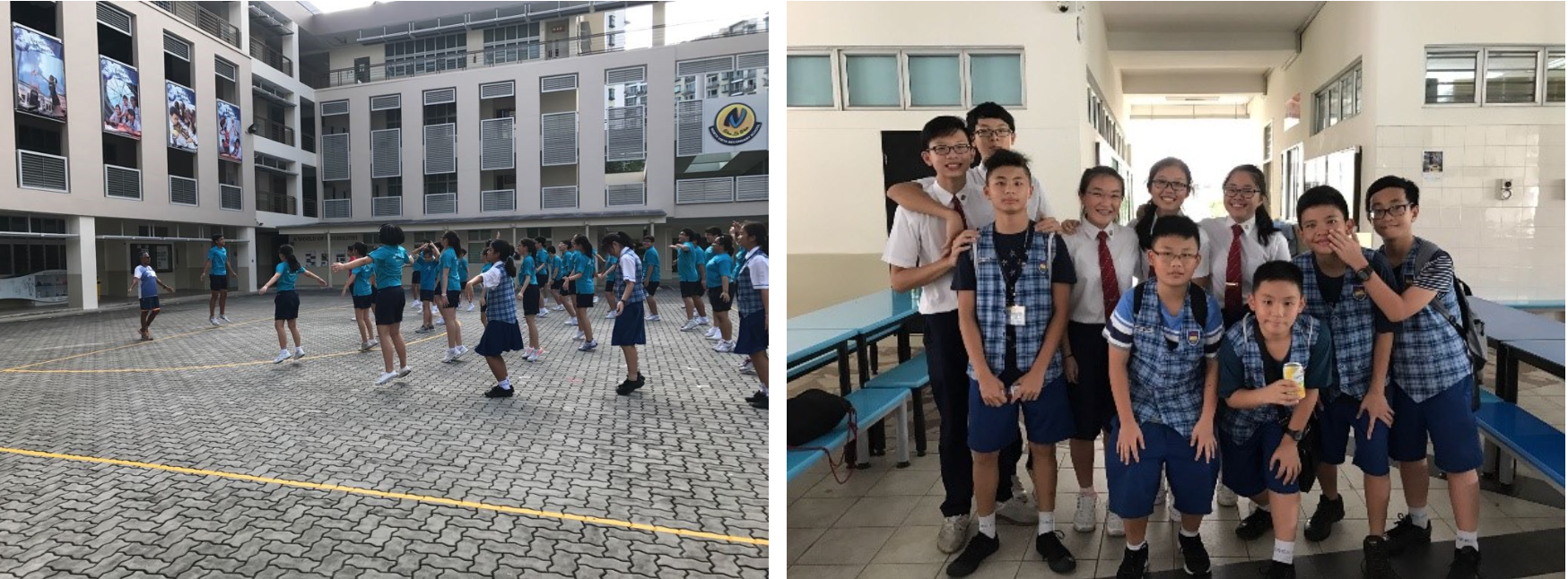 Students in blue uniforms exercise in a school courtyard; another group of students pose together indoors.